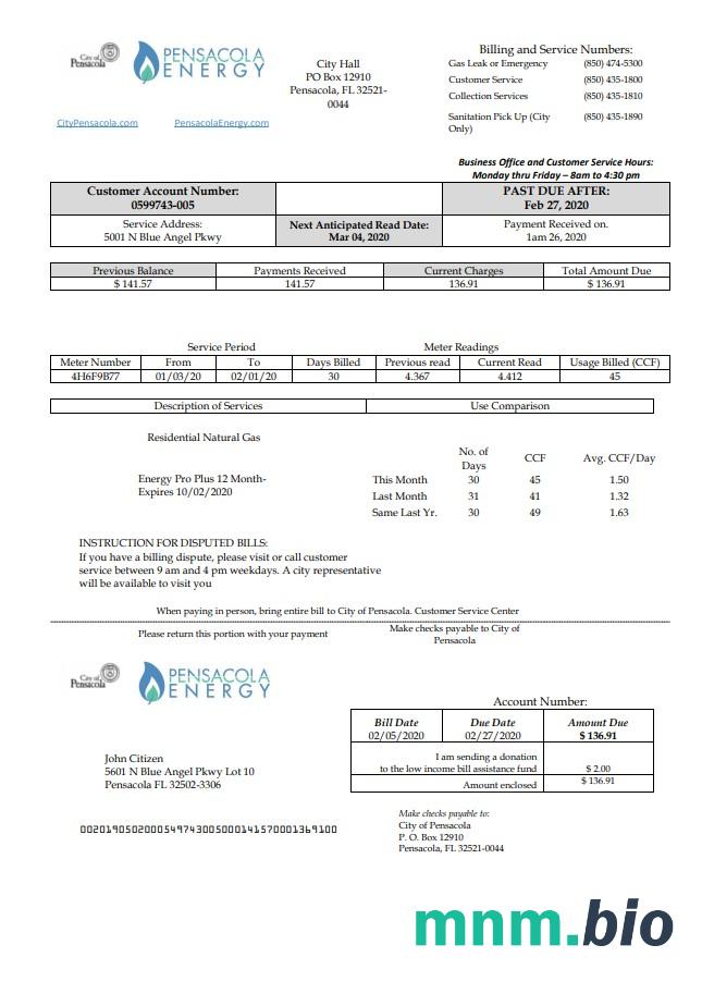 USA Florida Pensacola Energy rachunek za media szablon w formacie Word i PDF